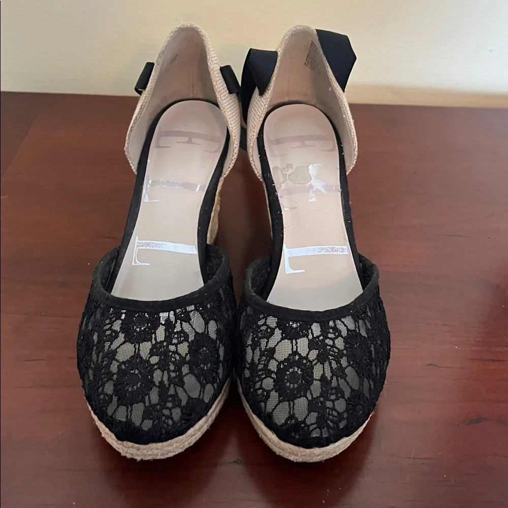 🏝️🚢 Size 6.5 Elegant‎ Black Lace Wedge Espadrilles, 2.5” Heel w/ Leg Laces